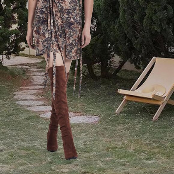 Women Faux Suede Brown Polyurethane Over The Knee Stiletto Heel Pointed Boots - Picture 4 of 5